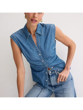 Veronica Beard Denim Ruched Side Sera Top w/ Pearl Snap Buttons (Flawed) Size 10